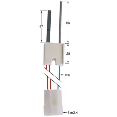Electrod de aprinere si control prezenta flacara WR 768A200 inlocuieste WR 768G213, L1 47 mm, L2 60 mm, cablu 10 cm - 100730