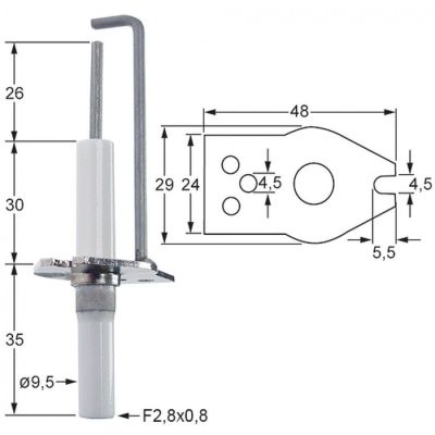 Electrod de aprindere, latime flansa 1 : 29mm, latime flansa 2 : 20mm, D1 Ø 9,5 mm, L1  26mm, BL1 30mm - Cod 101783