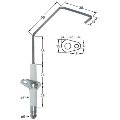 Electrod de aprindere, lungime flansa 23mm, latime flansa 15mm, D1 ø 7mm, L1 - 38mm, L2 - 58mm, L4 - 14mm - 102167