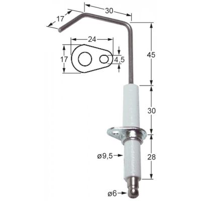 Electrod de aprindere, lungime flansa  24mm, latime flansa 17mm, D1 ø 9,5 mm, L1 45mm, L2 30mm - Cod 102169