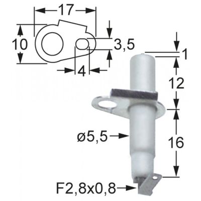Electrod de aprindere, lungime flansa 17mm, latime flansa 10mm, D1 ø 5,5 mm, L1 1mm, BL1 12mm - 102326