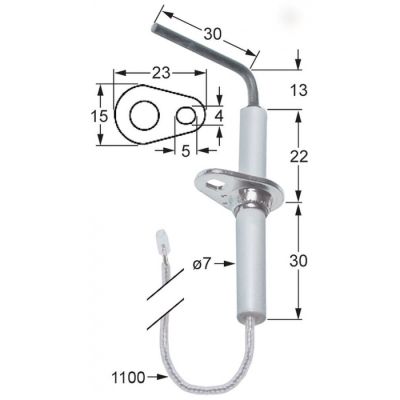 Electrod de aprindere, lungime flansa 23mm, latime flansa 15mm, D1 ø 7mm, L1 - 13mm, L2 - 30mm - 102335