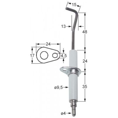 Electrod de aprindere, lungime flansa 24mm, latime flansa 17mm,  D1 ø 9,5 mm, L1 48mm,  L2 13mm - 102342