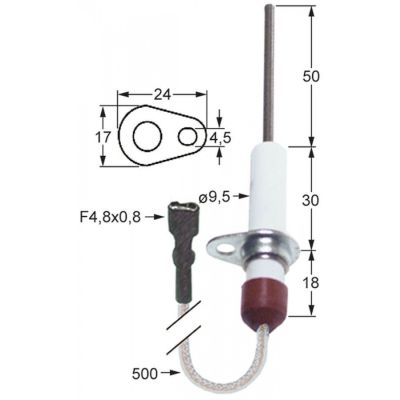 Electrod de aprindere, lungime flansa 24mm, latime flansa 17mm, D1 ø 9,5 mm, L1 50mm, BL1 30mm - 102345