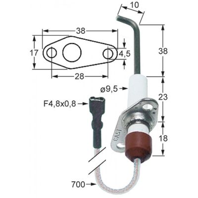 Electrod ionizare ø 9,5mm, L 85 mm, flansa 38x17 mm, cablu 700 mm - 102349