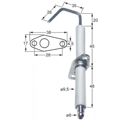 Electrod de aprindere, lungime flansa 38mm, latime flansa 17mm, D1 ø 9,5mm, L1 - 20mm, L2 - 35mm - 102351