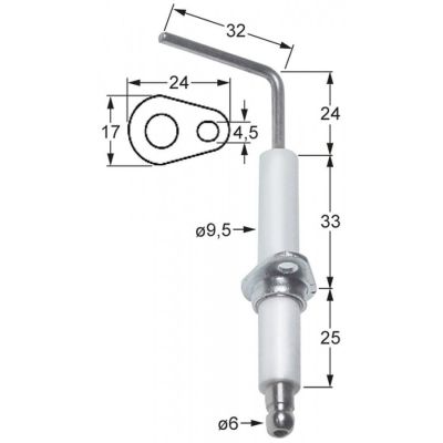 Electrod de aprindere, flansa L 24 x 17 mm, D1 ø 9,5 mm, L1 24 mm, L2 32 mm - 102360
