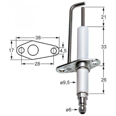 Electrod de aprindere, lungime totala 104 mm, ø 9,5 X 60 mm, flansa 38 x 17mm - 102362