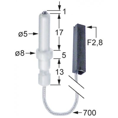 Electrod de aprindere ø 5 mm, cablu 700 mm, terminal papuc 2,8 mm - 107384