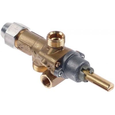 Robinet de gaz AB tip A60, intrare - iesire M16x1.5 (tub ø 10 mm), ax 8x6.5 mm, racord termocupla M9x1, tesitura ax jos - 107904