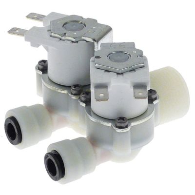 Electrovalva dubla 230V, intrare 3/4", iesiri cu racorduri rapide JG 8mm, reductor debit 10-12 l/min, t.max. 60°C - 374037