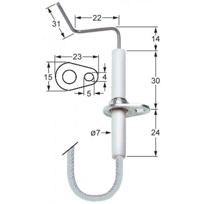 Electrod de aprindere ø 7 mm, flansa 23 x 15 mm, cablu 1400 mm - 100727