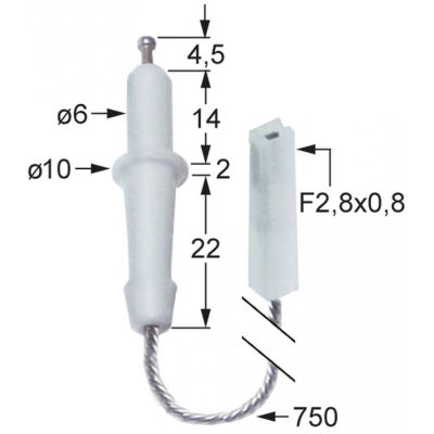 Electrod de aprindere ø 6 / 10 mm, conector 2,8 x 0,8 mm, cablu 750 mm - 100754