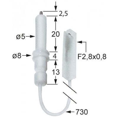 Electrod de aprindere ø 5 / 8 mm, cablu 730 mm, conector 2,8 x 0,8 mm - 100826