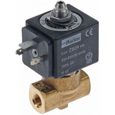 Electrovalvă DN 2mm racord 1/4" 3-căi 230VAC PARKER tip de bobină ZB09 membrană FKM (apă) - 370059