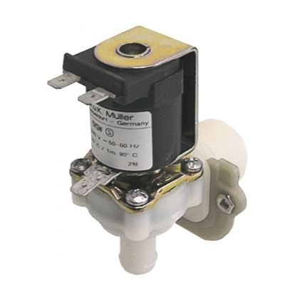 Electrovalva plastic unghiulara, 1 iesire, 230V, intrare ¾", iesire 11,5 mm, deschidere nominala DN10, t. max. 90°C, raport ciclic 100% - Cod 370074