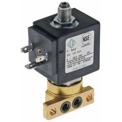 solenoid valve brass 3-ways 230V AC L 44,5mm DN 1,5mm t.max. 160°C slide-on receptacle DIN