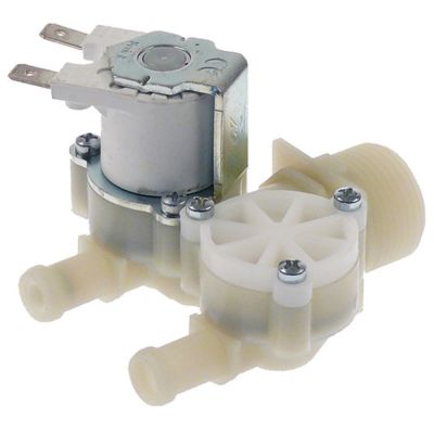 Electrovalva dubla, 24 VAC, intrare 3/4", iesiri 10 mm, DN10, t.max. 90°C, cu reductii de debit alb pe iesiri, plastic - 370760