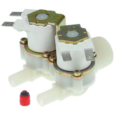 Electrovalva cu 2 cai dreapta, 230V, intrare 3/4", iesiri 10 mm, t. max. 90°C, plastic, RPE - 374031