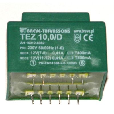 Transformator TEZ10,0/D, primar 230 V, secundar 12 V + 12 V, BREVE-TUFVASSONS, montare prin lipire pe cablaj