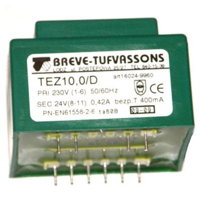 Transformator TEZ10,0/D, primar 230 V, secundar 24 V, BREVE-TUFVASSONS, montare prin lipire pe cablaj