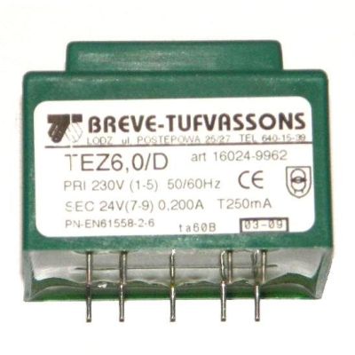 Transformator TEZ6,0/D, primar 230V, secundar 24V, BREVE-TUFVASSONS, montare prin lipire pe cablaj